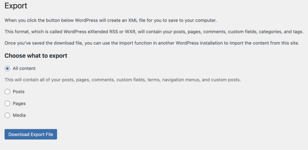 select All content, and download the XML file